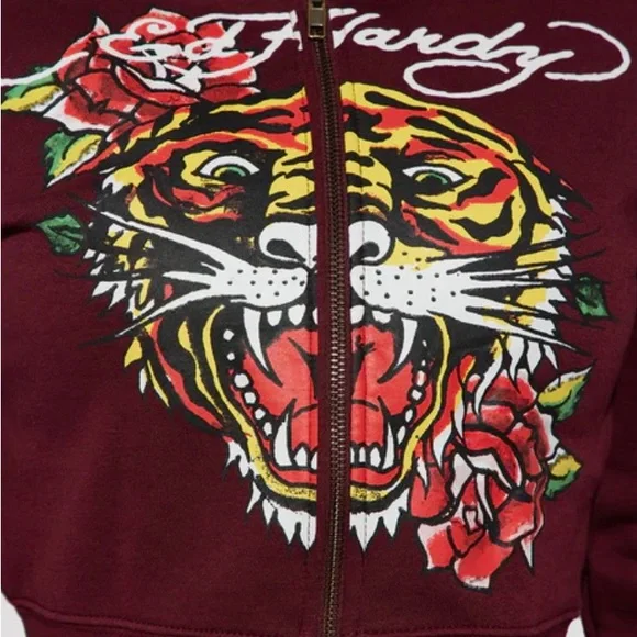 Ed Hardy Maroon Joggers w/ Hoodie with Tiger Print - Picture 8 of 10